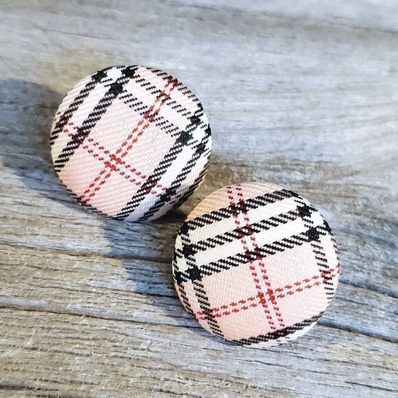 Pink Black White Tartan Plaid Fabric Button Earrings - Picture 4 of 5